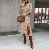 Women Floral Print V Neck Side Slit Party Dress Spring Autumn Long Sleeve Elegant Ladies Sexy Elastic Waist Slim Dress