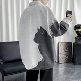 Harajuku Men Shirts Long Sleeve Cat Print White Loose Hong Kong Style Retro Autumn Thin Blouse Male Shirt Korean Fashion