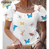 Women Plain Bow Tied Back T-Shirt 2022 Femme Casual Puffy Sleeve Kawaii Tunics Office Lady Blouse New Clothing traf-Outfit