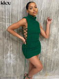 Kliou Stunning Stacked Mini Dress Women Sexy Solid Mock Neck Sleeveless Draw String Bodycon Party Clubwear Elegant Female