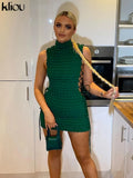 Kliou Stunning Stacked Mini Dress Women Sexy Solid Mock Neck Sleeveless Draw String Bodycon Party Clubwear Elegant Female