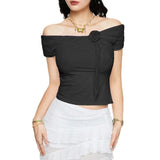 Woherb Style Sexy Lace Stitching Flower Short-Sleeve T-Shirt One-Line Shoulder Solid Color Slim Base Top-Outfit