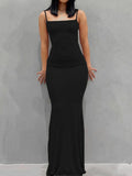 Women Spring New Maxi Dress Black Sexy Backless Off Shoulder Slim Sleeveless O-Neck Solid Sling Floor-Length Elegant Lady Dress-Outfit