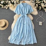 Gentle Wind Turn Collar Bubble Sleeve Medium-Long Shirt Skirt Lace Thin Hollow-Out Design French Dress-Outfit