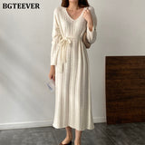Winter Loose Straight Knitted Dress Women V-neck Lace-up Female Full Sleeve Sweater Dress Casual Long Knitted Vestidos-Outfit