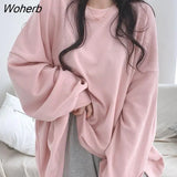 Women No Hat Hoodies Solid Candy Colors Long Sleeve Loose Sweet Fresh O Neck Sweatshirts Spring Korean Style All-match Students-Outfit