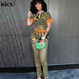 Kliou Sexy Mesh Two Piece Set Women SeeThrough Midnight Style Striped Color Blocking Top+Letter Print High Stretchy