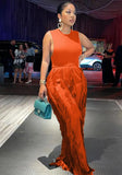 Sexy O-Neck Sleeveless Top Solid Tassel Loose Pant Two Piece
