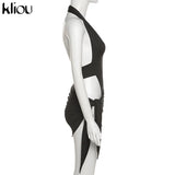 Kliou Solid Deep V sexy Two Piece Sets Midnight Club Halter Top And Skirt Backless Summer Partywear Hollow Out Ruched Women