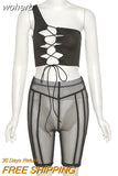 2 Piece Set Women Summer Sexy One Shoulder Slit Lace Up Crop Top + Sheer Mesh Pants Club Party Tracksuit Outfits Matching-Outfit