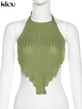 Kliou Halter Knitted Vest Women Sexy Solid Irregular Shape Lace Up Backless Unique Cut Out Fashion Tank Streetwear Female