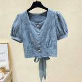 Fashion Bandage Women Short Shirt Korean Button Up Summer Crop Shirts Elegant Bow Short Sleeve Casual Ladies