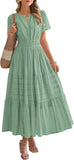 Spring And Summer Women's New Fashion V-Neck Folding Bubble Sleeve Layer - Big Swing Dress