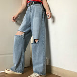 Women Holes Casual Ripped Vintage Hip-hop All-match Chic Teens Harajuku Summer Wide Leg Trousers Ulzzang Mopping Popular-Outfit