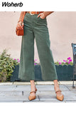 Cotton casual corduroy women long pants autumn winter Office button wide-legged trousers Fashion mid waist ladies bottom 601-0-Outfit
