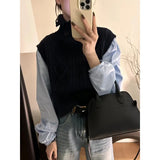 Woherb 2024 New European Goods Button High-Neck Knit Vest Female Retro Button Pure Color Rhomenge Vest Tide-Outfit