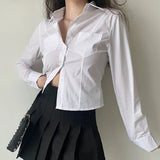 Spring All-Match White Women's Shirt Korean Style Button Up Long Sleeve Blouse Ladies Sexy Slim Fit Pockets Short Shirts-Outfit