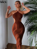Kliou Ribbed Lace up Maxi Dress Women Sexy Solid Sleeveless Backless Body-Shaping Cut Out Skirt Party Clubwear Female
