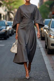Women's Fashion Temperament Elegant Solid Color Waist Dress Casual Bat Sleeve