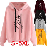 Hoodies Casual Kpop Finger Heart Love Pattern Hooded Sweatshirts Fashion Drawstring Long Sleeve Female Pullovers Plus