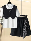 Gothic Men Suits Cargo Vest + Shirt + Shirts 3 Pieces Set Summer Clothes Punk Preppy Streetwear Casual Outfit Men Fashion