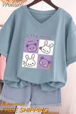 Plus Size T Shirt 100% Cotton L-5XL Tshirt Short Sleeve Women Top 2023 Summer Cartoon T Shirt V Neck Oversized T Shirts-Outfit