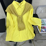 Women Fake Two-piece Shirt KPOP Fashion Style Oversize Casual Shirts Lapel Buttons Asymmetrical Solid Long Sleeve Blouse-Outfit