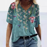 3D Floral Print T-shirts Women Fashion Short Sleeve Loose Tops Casual V-neck High Street Tee Plus Size Top