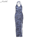 Autumn Fashion Slim Halter Dress Women Sexy Sleeveless V Neck Hem High Split Printing Clothing Lady Bodycon Long