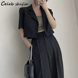 Gray Blazer + High Waist Pants Women 2022 Summer Korean Pant Suits OL Elegant Business Jacket and Trousers Women