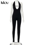 Kliou Baddie Style Jumpsuit Women Charming Sexy Middle Ribbons Cleavage One Pieces Sheath Sleeveless Halter Lace Up Clubwear