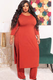 Plus Size Slit Long Sleeve Top And Pant 2 Piece