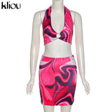 Kliou Tie Dry Two Piece Set Women 2021 Sexy Halter Sequined Beachwear Cleavage Crop Top+Mini Skirt Suit Female платье