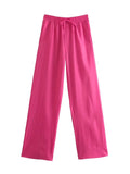 Women Chic Fashion Side Pockets Loose Wide Leg Pants Vintage High Elastic Waist Drawstring Female Trousers Mujer-Outfit