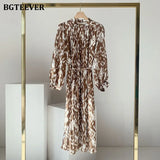 Spring Fashion Stand Collar Women Dress Elegant Long Sleeve Loose Female Lace-up Printed Mid-length Dress Vestidos 2021-Outfit