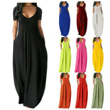 Maxi Dress 2021 Summer Fashion Solid V-Neck Short Sleeve Long Dresses Vestidos Female Casual Pockets Robe Dress Plus