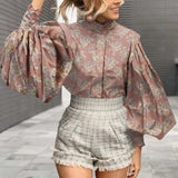 2022 Fashion Shirts Women Big Lantern Sleeve Bohemian Floral Print Blouse Casual Loose Stand Collar Office Elegant