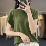 Woherb Line Of Clothing Worsted Short Sleeve Female Round Collar Loose Thin Bat Sleeve Vest Shirt Hollow Out Outside The Hair-Outfit