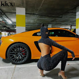 Kliou Shiny Outstanding Bodycon Hooded Jumpsuit Women Long Sleeve Sexy Backless Fashion Streetwear Skinny Slim Female