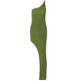 Solid Bodycon One Shoulder Backless Sleeveless Maxi Slit Prom Dress 2022 Sexy Slim Elegant Outfit Y2K Party
