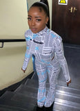 Sexy Newspaper Printed Round Neck Long Sleeve Tight Bodysuit and Flare Pants Set 2 Piece