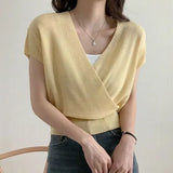 Chic Knit Tops Women 2022 Summer Korean Fashion V Neck Elegant Sweater Short Sleeve Business Cropped Tops Korean