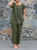 kaftan Women Solid Sets ZANZEA 2022 Casual Short Sleeve Blouses and Pocket Pants Female Loose Cotton Matching Sets