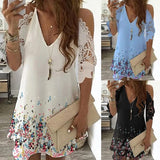 Off Shoulder Dress Women Vintage Floral Print Half Sleeves Midi Dresses Casual Sling V Neck Lace Boho Beach Party