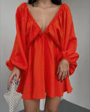 Autumn Women's Skirt Lantern Sleeve V Collar Sexy Temperament High-End French Retro