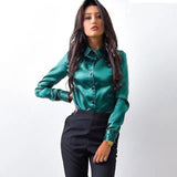 Women Blouse Elegant Wine red Green Satin Shirt Turn Down Collar Longth Sleeve Female Formal Office OL Blouse Women