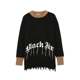 Frayed Letter Print Tassel Hole Sweater Men and Women Streetwear Oversize Pullover Sweaters Hip Hop Black Casual