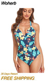 New One Piece Swimsuit Women Solid V Neck Swimwear Female Halter Monokini Bodysuit Backless Swim Beachwear Bathing Suit-Outfit