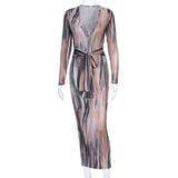 Long Sleeve Print V-Neck Bandage Sexy Long Dress 2021 Autumn Winter Women Christmas Party Elegant Outfits