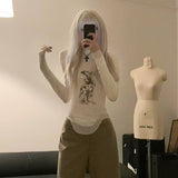 Mesh Printing Graphic T Shirts Streetwear See Through Y2K Clothes Slim Long Sleeve Crop Top Women Vintage Hot Ropa De M-Outfit